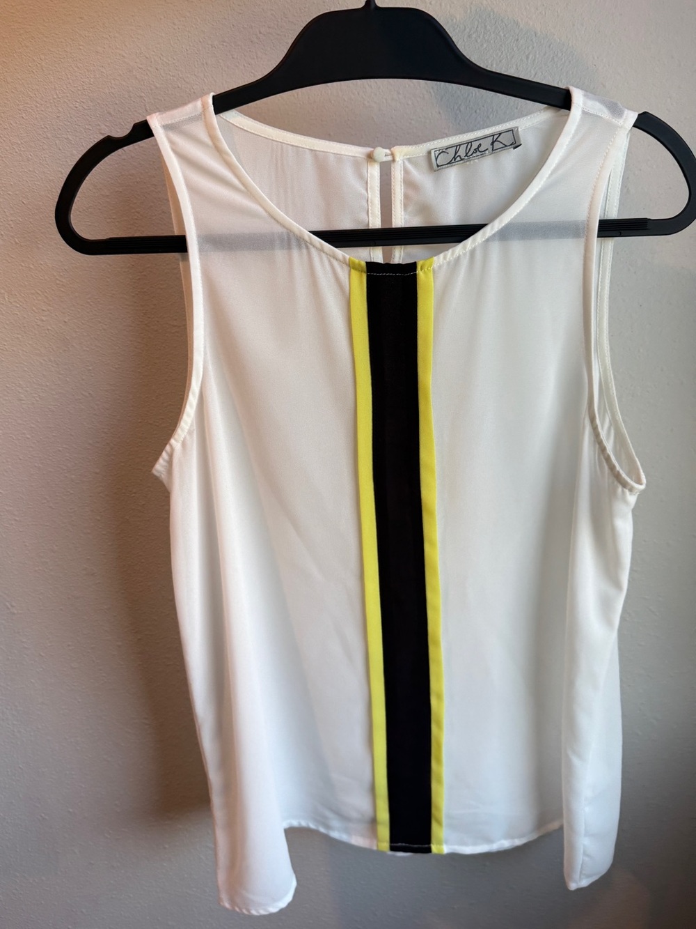 Chloe K White Sleeveless Camisole with Yellow and Black Center Stripe